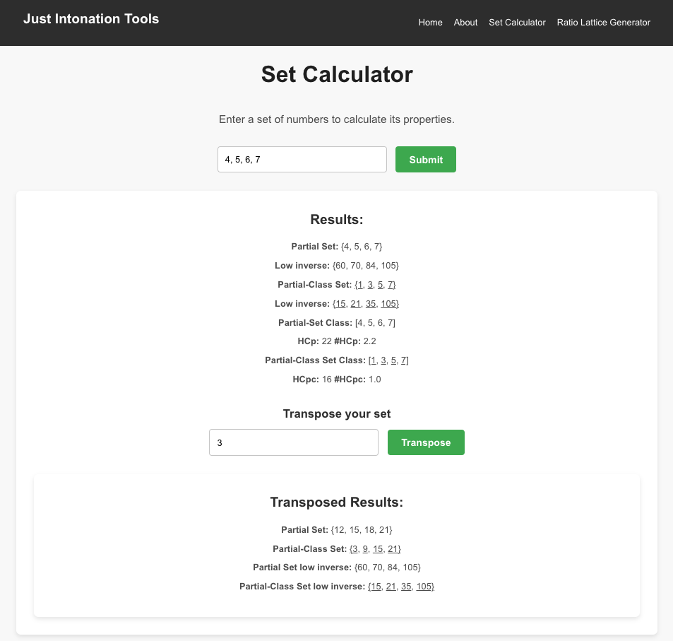Home page of set calculator